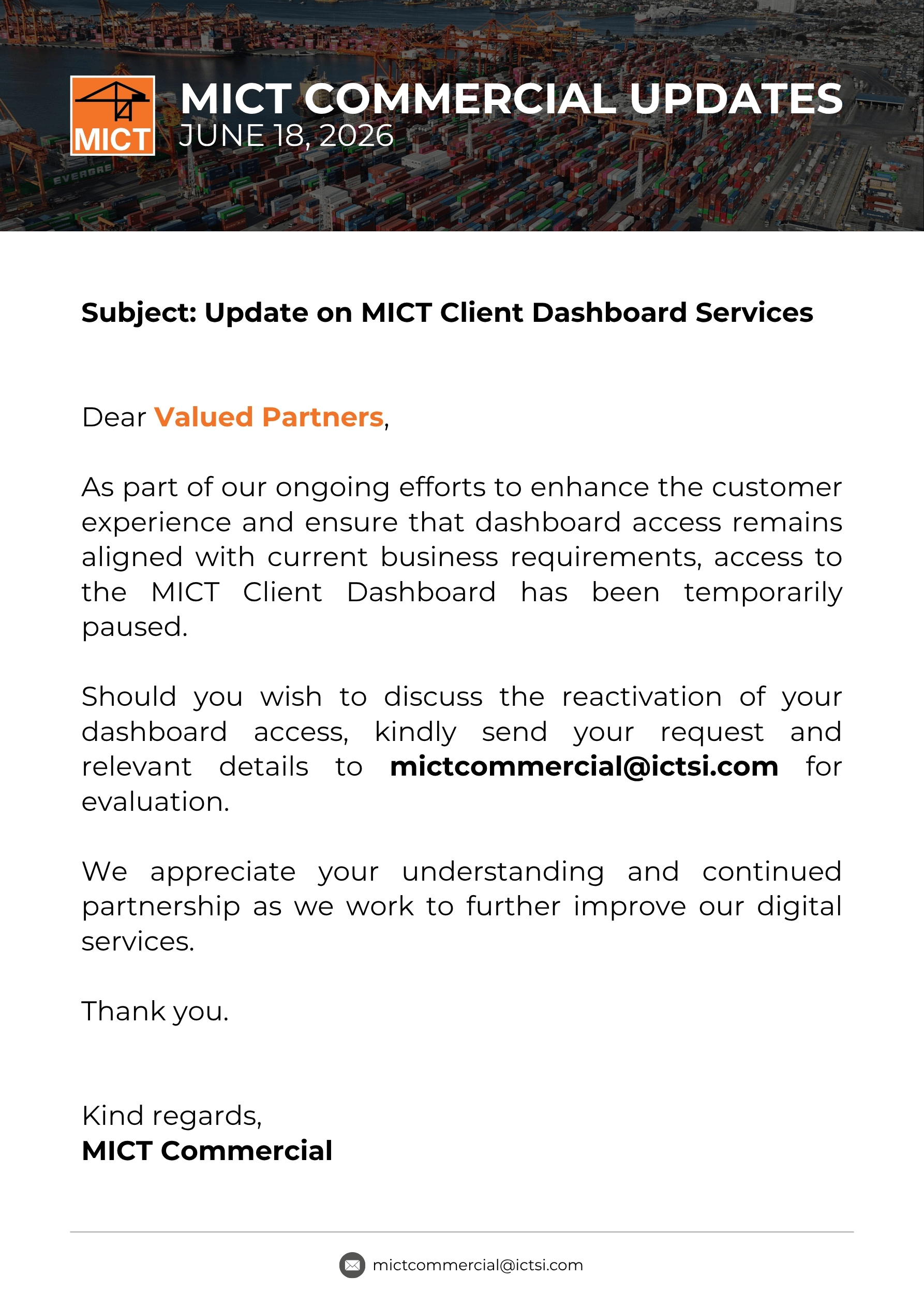 MICT Commercial Updates